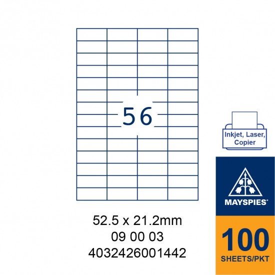 MAYSPIES 09 00 03 LABEL FOR INKJET / LASER / COPIER 100 SHEETS/PKT WHITE 52.5X21.2MM 